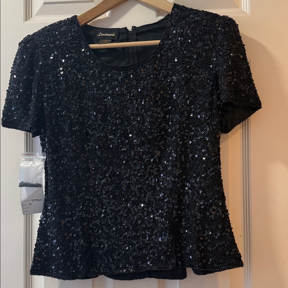 Vintage Black Sequin Short Sleeve Top